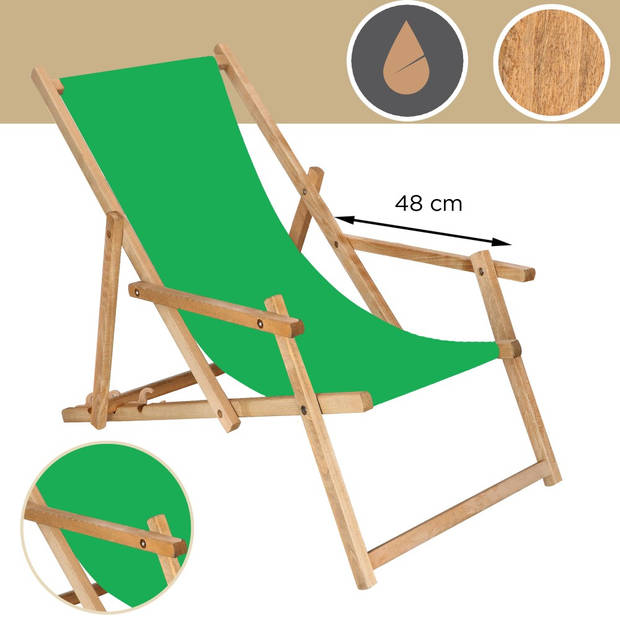 Ligbed Strandstoel Ligstoel Verstelbaar Arm Leuning Beukenhout Geïmpregneerd Handgemaakt Groen