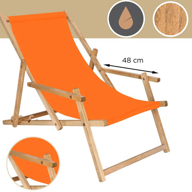 Ligbed Strandstoel Ligstoel Verstelbaar Arm Leuning Beukenhout Geïmpregneerd Handgemaakt Oranje