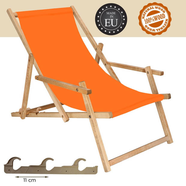 Ligbed Strandstoel Ligstoel Verstelbaar Arm Leuning Beukenhout Geïmpregneerd Handgemaakt Oranje