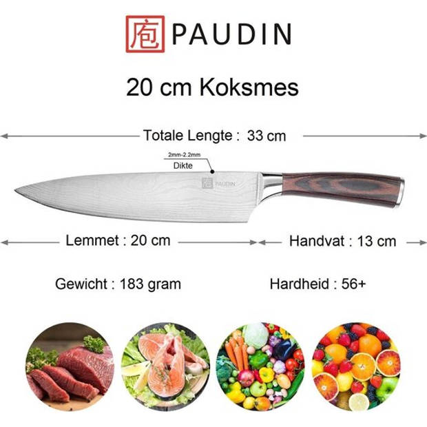 Paudin N1 Professioneel Koksmes 20 cm- Japans mes - Keukenmes - Damascus Patroon