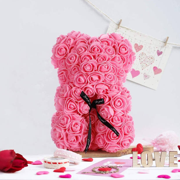 RX Goods® Roze Rozen Beer in Luxe Geschenkdoos met Liefdes Ballonnen & Rozenblaadjes