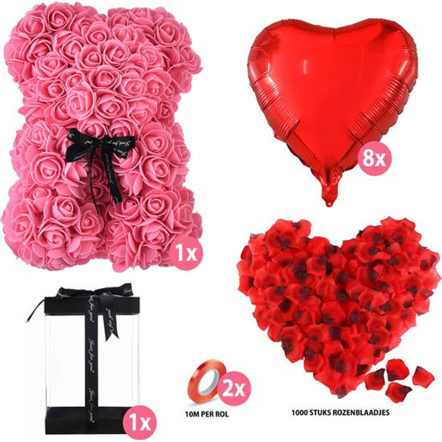 RX Goods® Roze Rozen Beer in Luxe Geschenkdoos met Liefdes Ballonnen & Rozenblaadjes