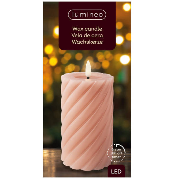 Lumineo LED kaars/stompkaars - 2x - lichtroze - D7,5 x H15 cm - timer - LED kaarsen
