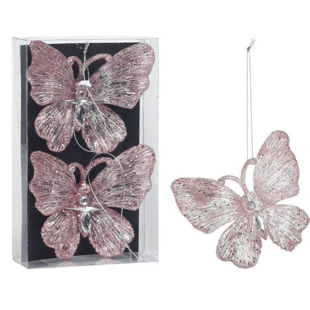 Kersthangers vlinders -4x-transparant met roze en wit -15cm -kunststof - Kersthangers