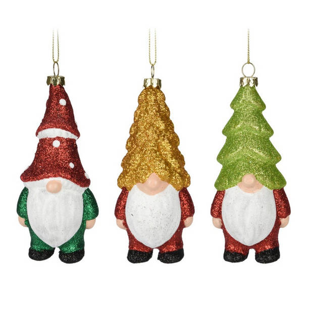 Kersthangers gnomes/dwergen - 3x st- 12,5cm -kunststof -kerstornament - Kersthangers