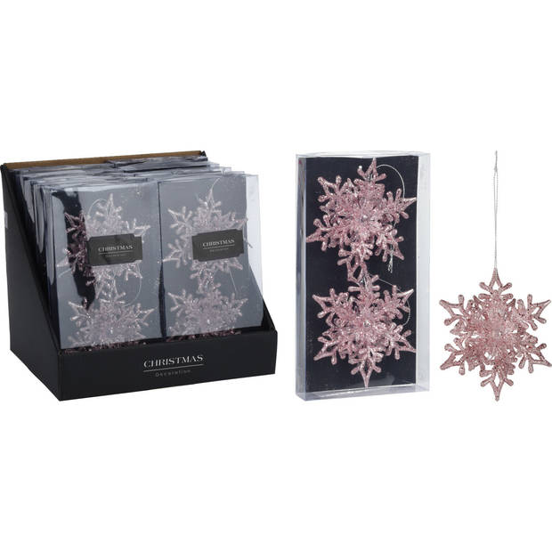 Christmas Decoration kersthangers sneeuwvlokken 2x -roze -11,5 cm - Kersthangers