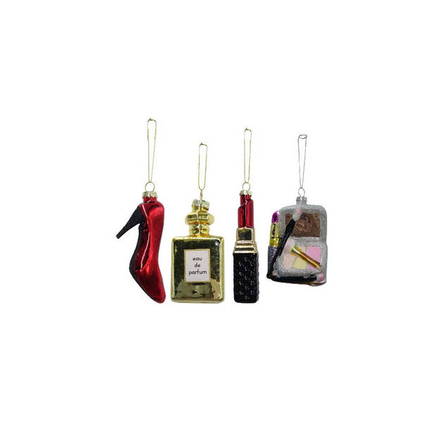 IKO kersthangers pump, parfum, lipstick, portemonnee - 3x st - glas - Kersthangers