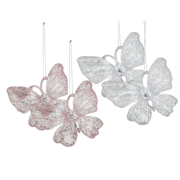Kersthangers vlinders -4x-transparant en roze -15cm -kunststof - Kersthangers