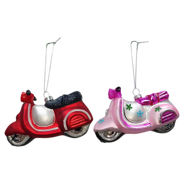 IKO Kersthangers scooters - 2x - roze en rood - 11,5 cm - glas - Kersthangers