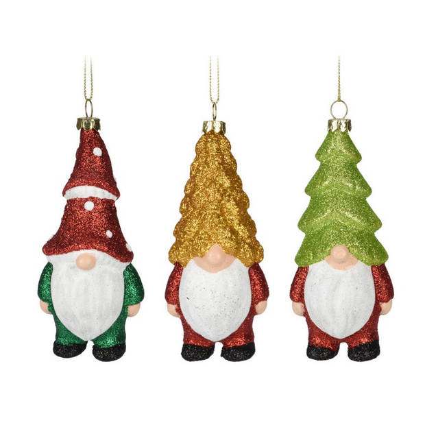 Kersthangers gnomes/dwergen - 3x st- 12,5cm -kunststof -kerstornament - Kersthangers