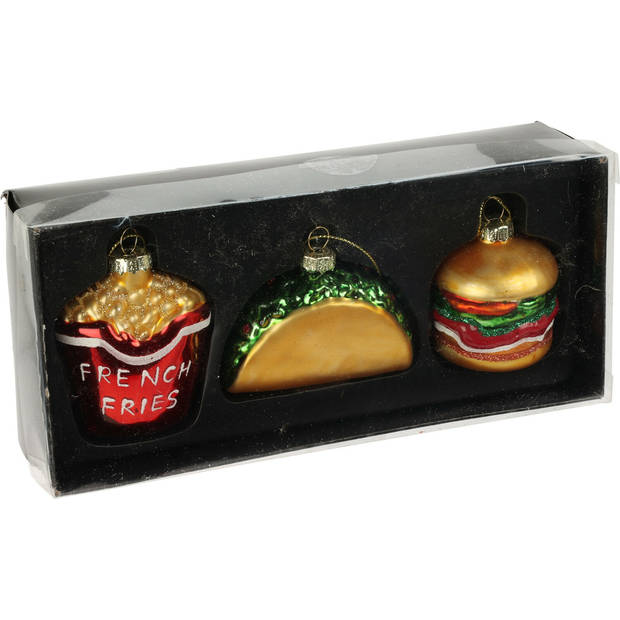 Christmas Decorations kershangers hamburger, friet, sandwich -3x- glas - Kersthangers