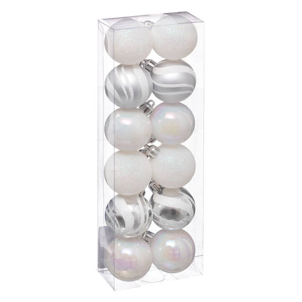 Atmosphera kerstballen -24x - D4 cm - parelmoer wit/zilver - plastic - Kerstbal