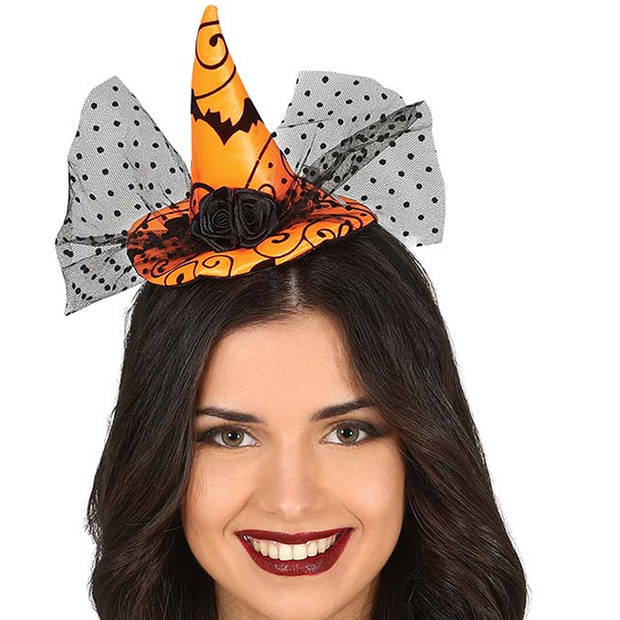 Halloween heksenhoed - mini hoedje op diadeem - one size - oranje - meisjes/dames - Verkleedhoofddeksels