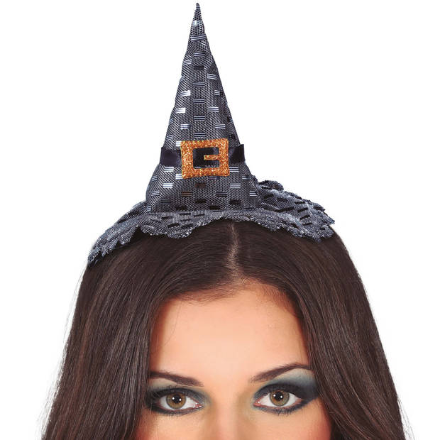 Halloween heksenhoed - mini hoedje op diadeem - one size - zilver - meisjes/dames - Verkleedhoofddeksels