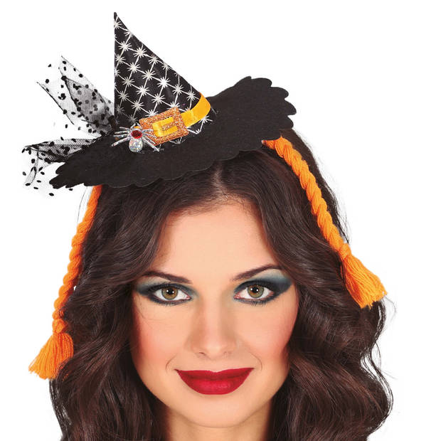 Halloween heksenhoed - mini hoedje op diadeem - one size - zwart/oranje - meisjes/dames - Verkleedhoofddeksels