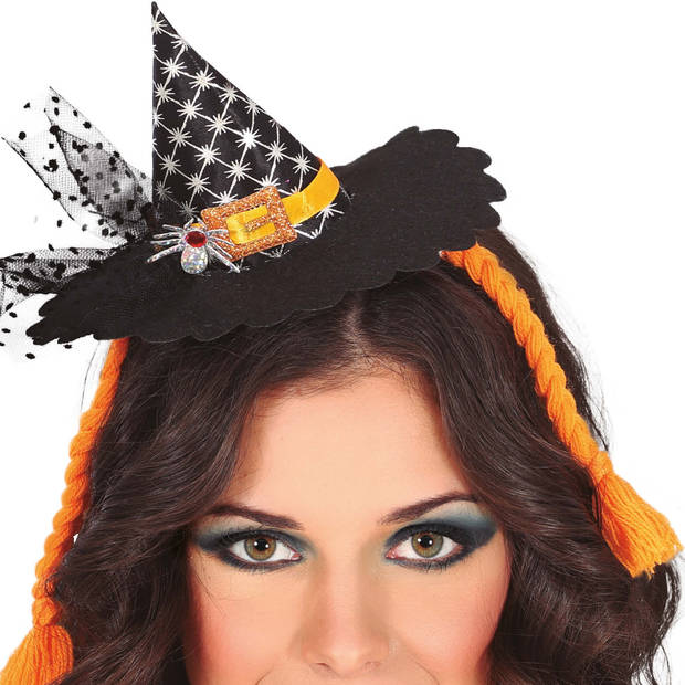 Halloween heksenhoed - mini hoedje op diadeem - one size - zwart/oranje - meisjes/dames - Verkleedhoofddeksels