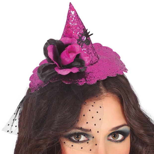 Halloween heksenhoed - mini hoedje op diadeem - one size - roze - meisjes/dames - Verkleedhoofddeksels