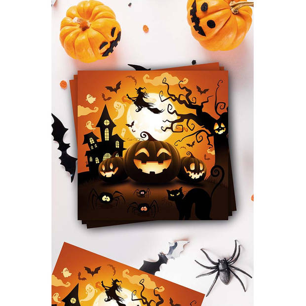 Halloween/horror pompoen servetten - 24x - zwart - papier - 33 x 33 cm - Feestservetten