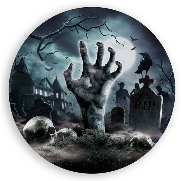 Halloween/horror begrafenis bordjes - 12x - zwart - papier - D23 cm - Feestbordjes