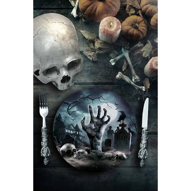 Halloween/horror begrafenis bordjes - 6x - zwart - papier - D23 cm - Feestbordjes