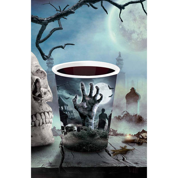 Halloween/horror begrafenis feest bekers - 12x - zwart - papier - 240 ml - Feestbekertjes