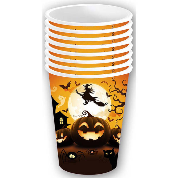 Halloween/horror pompoen feest bekers - 6x - zwart - papier - 240 ml - Feestbekertjes