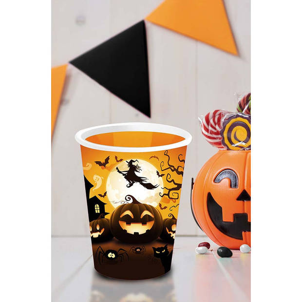 Halloween/horror pompoen feest bekers - 6x - zwart - papier - 240 ml - Feestbekertjes