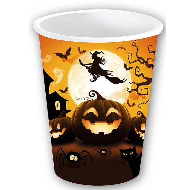 Halloween/horror pompoen feest bekers - 6x - zwart - papier - 240 ml - Feestbekertjes