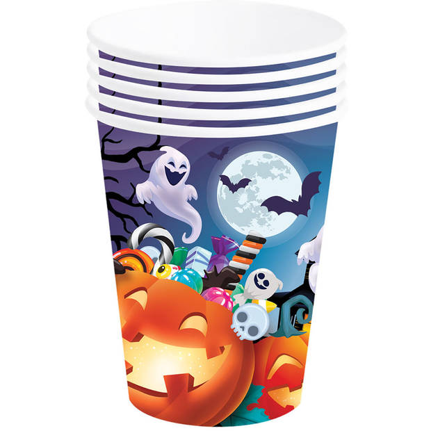 Halloween/horror pompoen feest bekers - 6x - oranje - papier - 240 ml - Feestbekertjes