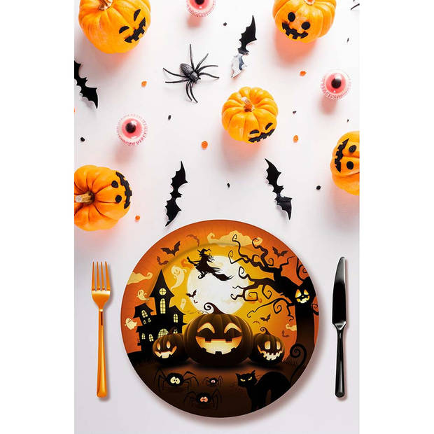 Halloween/horror pompoen bordjes - 6x - zwart - papier - D23 cm - Feestbordjes