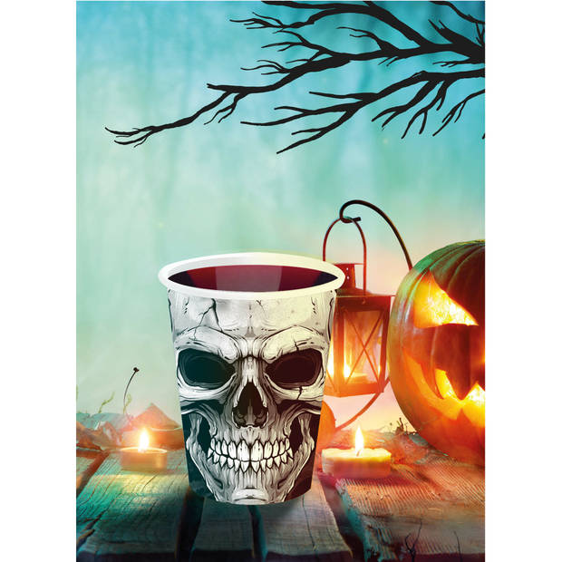 Halloween/horror schedel/doodshoofd feest bekers - 6x - zwart - papier - 240 ml - Feestbekertjes
