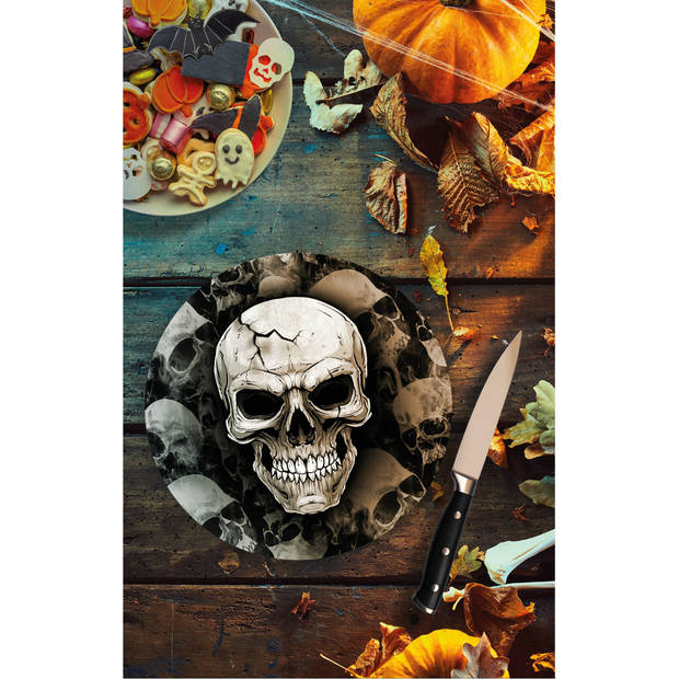 Halloween/horror schedel/doodshoofd bordjes - 12x - zwart - papier - D23 cm - Feestbordjes