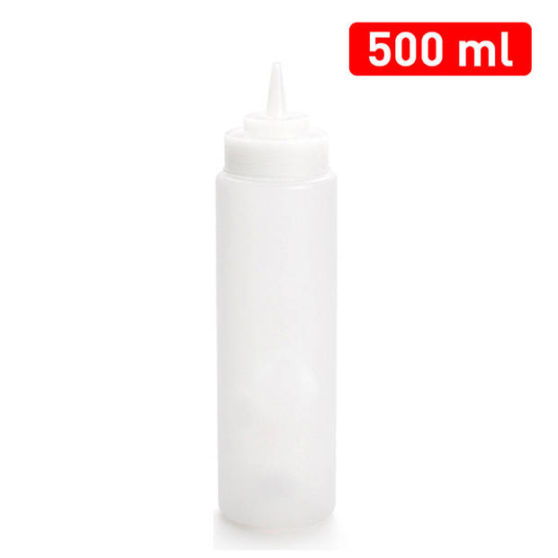Doseerfles/sausfles - set 2x - 500/700 ml - met schenktuit - transparant - 18 en 23 cm - Maatbekers