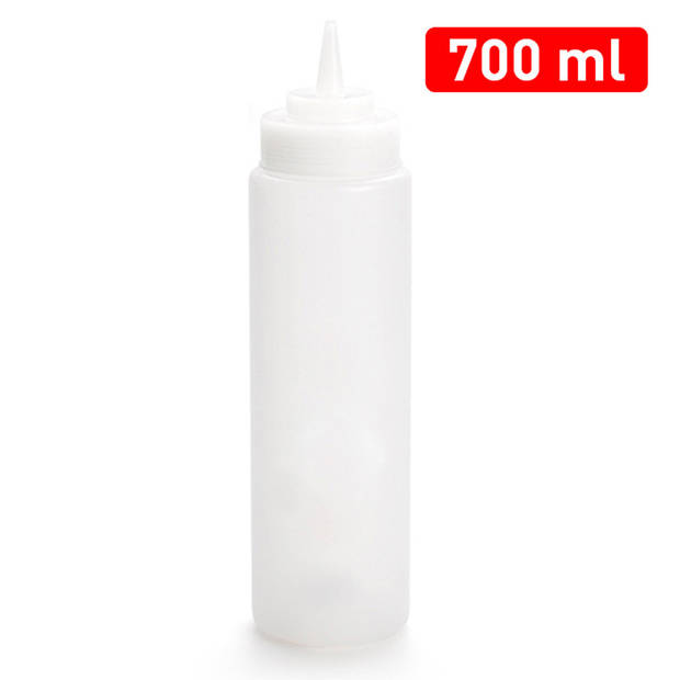PlasticForte Doseerfles/sausfles - 2x - kunststof - transparant - met schenktuit - 700 ml - 18 cm - Maatbekers