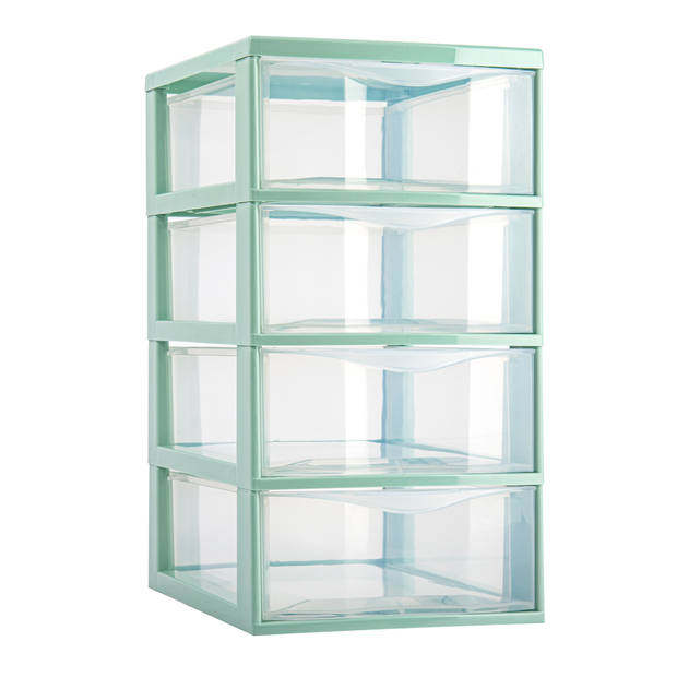 Plasticforte Ladeblokje/bureau organizer 4x lades - transparant/mintgroen - L18 x B25 x H33 cm - Ladeblok