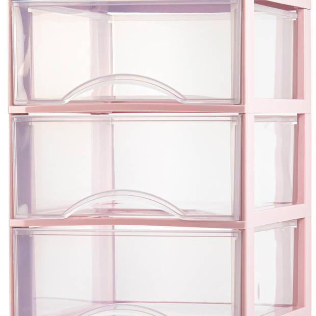 Plasticforte Ladeblokje/bureau organizer 3x lades - transparant/roze - L26 x B36 x H37 cm - Ladeblok