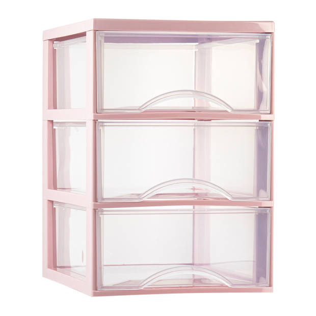 Plasticforte Ladeblokje/bureau organizer 3x lades - transparant/roze - L26 x B36 x H37 cm - Ladeblok