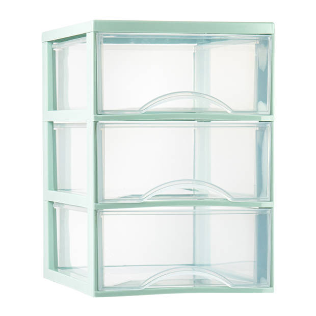 Plasticforte Ladeblokje/bureau organizer 3x lades - transparant/mintgroen - L26 x B36 x H37 cm - Ladeblok