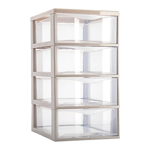 Plasticforte Ladeblokje/bureau organizer 4x lades - transparant/beige - L18 x B25 x H33 cm - Ladeblok