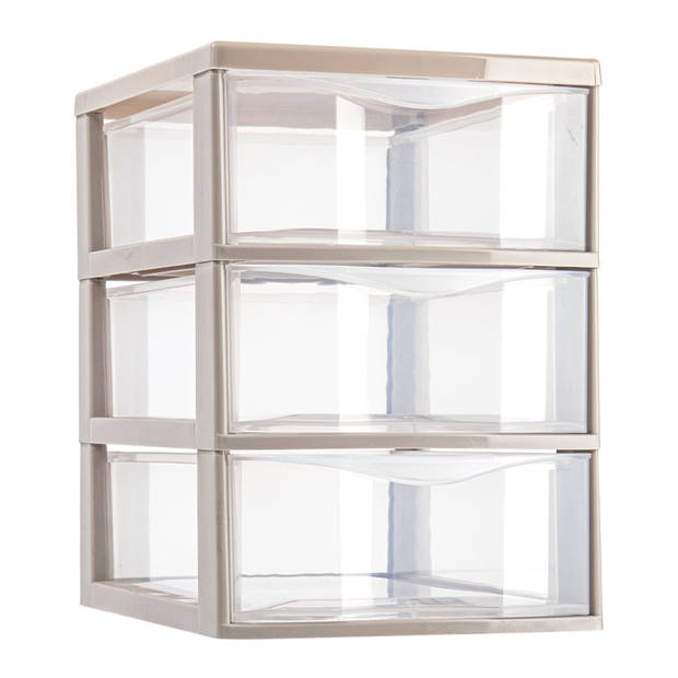 Plasticforte Ladeblokje/bureau organizer 3x lades - transparant/beige - L18 x B25 x H25 cm - Ladeblok