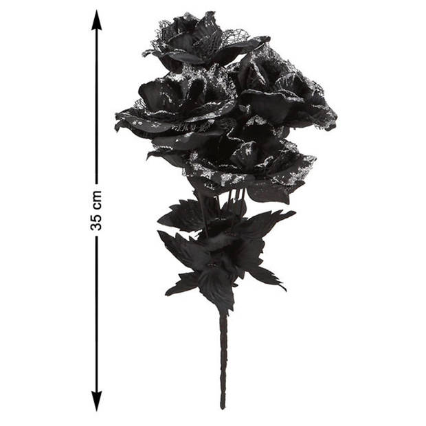 Halloween accessoires bloemen - zwarte rozen met blaadjes - 35 cm - Verkleedattributen