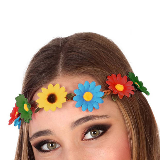 Atosa Verkleed haarband met bloemen - gekleurd - meisjes/dames - Hippie/flower Power - Verkleedhaardecoratie