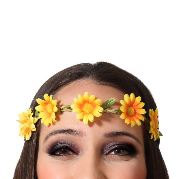 Atosa Verkleed haarband met bloemen - geel - meisjes/dames - Hippie/Flower Power - Verkleedhaardecoratie