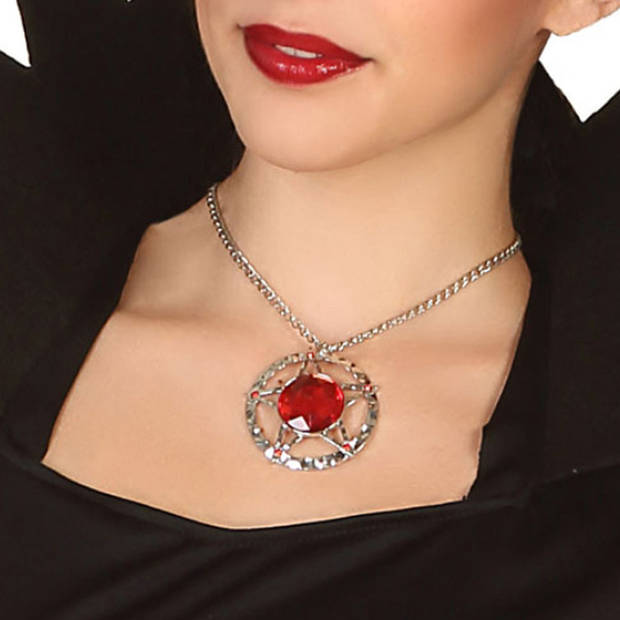 Atosa Verkleed sieraden ketting met edelsteen - zilver/rood - dames - kunststof - Heks/vampier - Verkleedketting