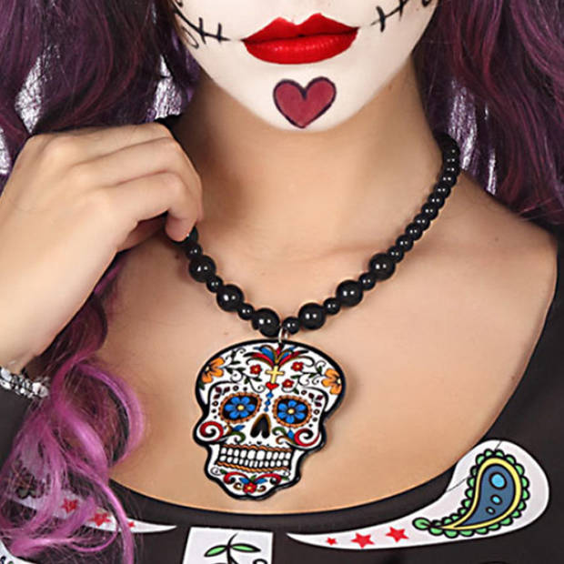 Atosa Verkleed sieraden ketting met Skull - zwart/multi kleur - dames - kunststof - Day of the Dead - Verkleedketting