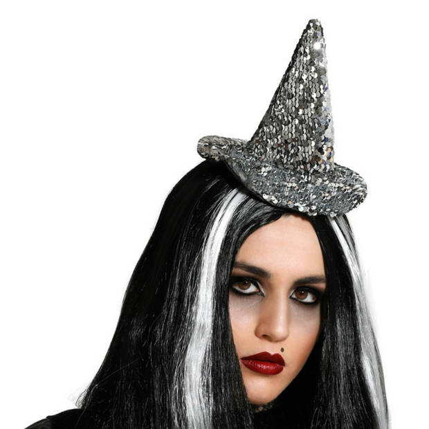 Halloween heksenhoed - mini hoedje op diadeem - one size - zilver glitter - meisjes/dames - Verkleedhoofddeksels