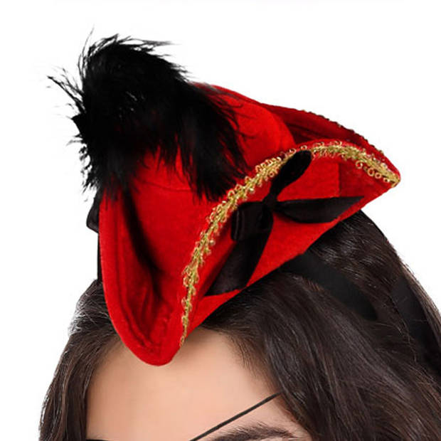 Atosa Verkleed diadeem mini hoedje - zwart/rood - meisjes/dames - Piraten thema - Verkleedhoofddeksels