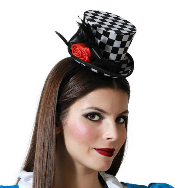 Atosa Verkleed diadeem mini hoedje - zwart/wit - meisjes/dames - Clown thema - Verkleedhoofddeksels