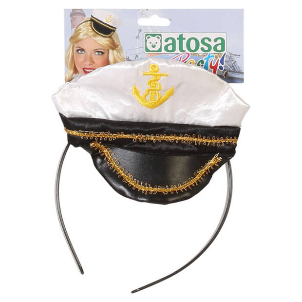Atosa Verkleed diadeem mini hoedje - zwart/wit - meisjes/dames - Matroos/Kaptein/Sailor thema - Verkleedhoofddeksels