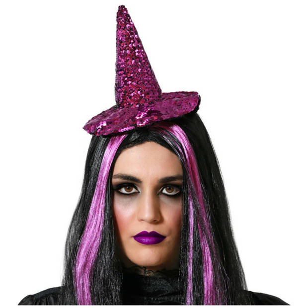 Halloween heksenhoed - mini hoedje op diadeem - one size - paars glitter - meisjes/dames - Verkleedhoofddeksels